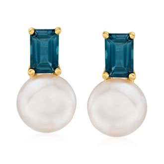 Ross-Simons 8-8.5mm Cultured Pearl and London Blue Topaz Earrings in 18kt Gold Over Sterling