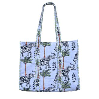 Generic Elephant Print Cotton Indian Quilted Tote Bag - Lightweight Shoulder Bag for Travel & Beach