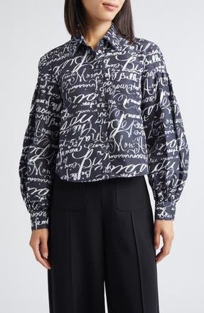 Cinq &agrave; Sept Marceline Love Journal Print Long Sleeve Button-Up Shirt in Black/White at Nordstrom Rack, Size Small