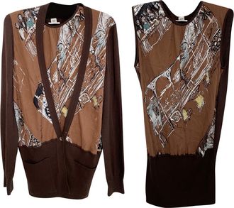 Herm&egrave;s Chocolate Brown Printed Silk & Cashmere Twin-Set Size M
