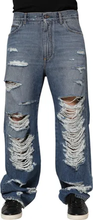 Dolce & Gabbana Mens Blue Tattered Cotton Logo Plaque Denim Jeans Elastane Clothing