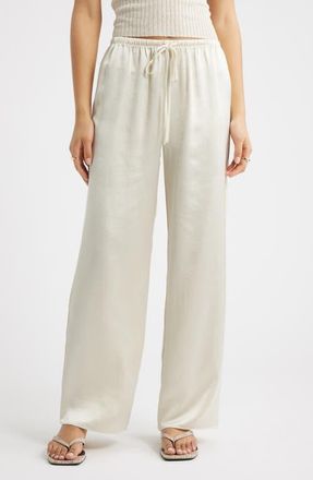 Open Edit Drawstring Waist Satin Pants in Ivory Dove at Nordstrom, Size X-Small