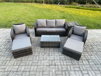 Fimous 7 Seater Rattan Garden Furniture Set Patio Outdoor Lounge Sofa Set with Rectangular Coffee Table 2 Big Footstool in Dark Grey