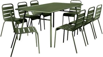 Vente-Unique Comedor de jard&iacute;n de metal - Mesa L.200 cm y 8 sillas apilables - Verde caqui - MIRMANDE de MYLIA