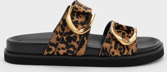 Charles & Keith Gabine Leopard-Print Gold-Buckle Leather Slides