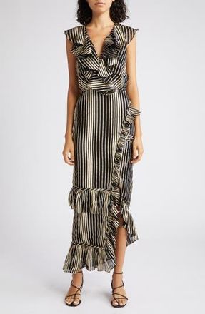 Saloni Anita Ruffle Trim Burnout Dress in Black Light Gold at Nordstrom Rack, Size 4