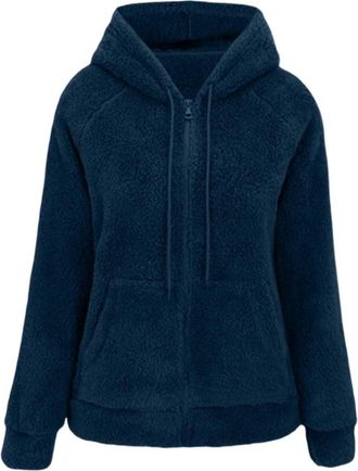 Generic Fleece Jacket Women UK Full Zip Up Hoodie Teddy Fluffy Warm Coats With Hood Winter Thermal Wool Cardigan With Pockets Drawstring Fall Winter Sherpa Ou