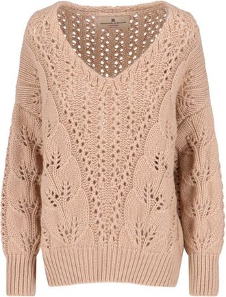 Ermanno Scervino Cashmere Sweater With Openwork Floral Design And V-Neckline