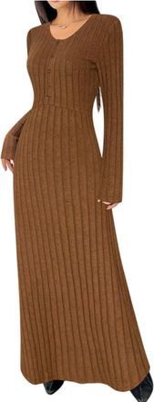 Generic Winter Jumper Dress for Women UK Round Neck Knitted Sweater Skirts Button Front Midi Ladies Long Sleeve Bodycon Casual Party Tunic Dresses S Brown