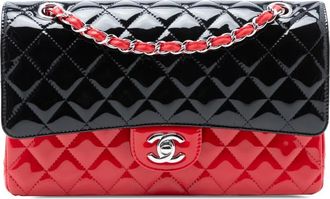Chanel Borsa a spalla Classic Double Flap media bicolore con finitura lucida verniciata 2019 - Nero