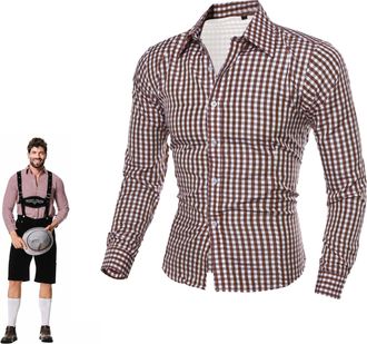Generic Mens Bavarian Classic Style Lederhosen Longsleeves Checked Shirts Mens Oktoberfest Shirts Long-Sleeve Checked Shirt Button Down Plaid Shirt