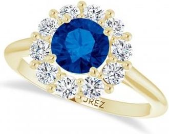 Allurez Round Lab Grown Blue Sapphire & Diamond Halo Ring 14K Yellow Gold (1.71ct)