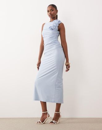Vero Moda Vestito lungo sinuoso arricciato blu pallido con rosetta