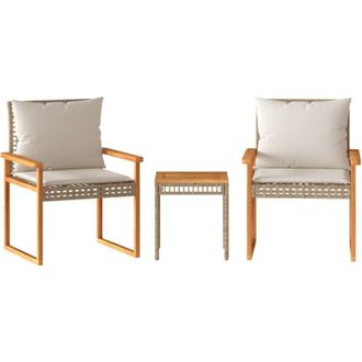 vidaXL Vidaxl - Mesita Y Sillas Con Cojines 3 Pzas Rat&aacute;n Pe Acacia Beige Mezcla
