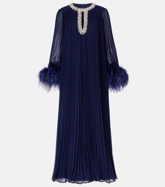 Self Portrait Embellished feather-trimmed chiffon maxi dress