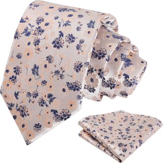 Alizeal Mens 8cm Tie and Handkerchief Flower Patterned Classic Wedding Business Necktie Set, Coral+Navy