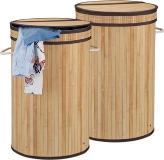 Relaxdays 2x Cesto Ropa Sucia Con Tapa, Cubo Colada Plegable, Redondo, Bamb&uacute;, 65 Litros, &Oslash; 40 Cm, Natural