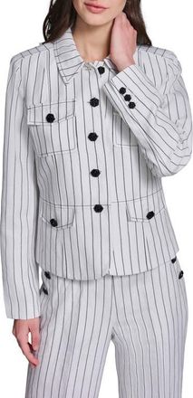 Karl Lagerfeld Stripe Linen Blend Jacket in Soft White/Black at Nordstrom, Size 16
