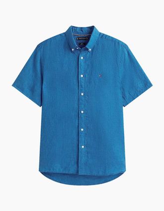 Tommy Hilfiger Mens Tommy Hilfiger Pigment Dyed Linen SS Shirt C4U Blue Orbit - Size: 44/Regular