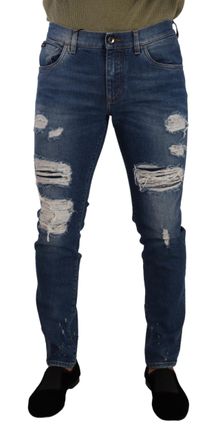 Dolce & Gabbana Mens Slim Fit Ripped Jeans - Medium Blue Cotton - Size EU 48 (Mens)