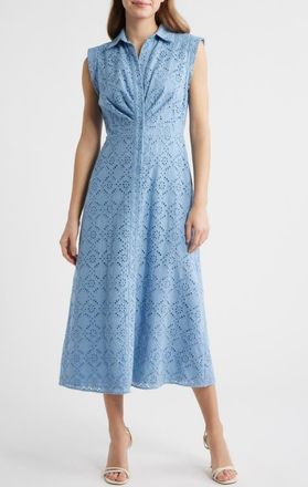 Anne Klein Eyelet Embroidery Sleeveless Shirtdress in Lagoon at Nordstrom, Size 16