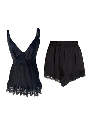 Paco Rabanne Plisse Black Crepe de Chine Lace Trimmed Top & Shorts Set Size M