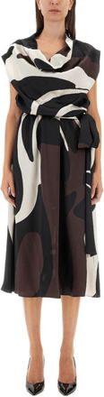 Kiton Brown Abstract Cowl Neck Midi Dress
