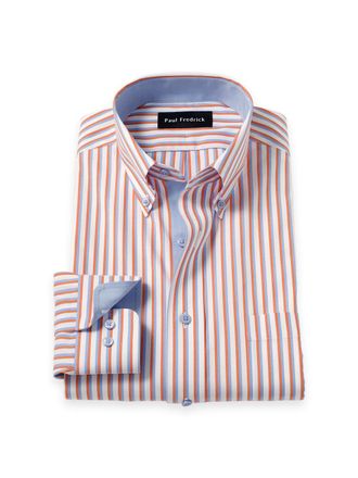 Paul Fredrick Tailored Fit Comfort Stretch Non-iron Stripe Dress Shirt With Contrast Trim