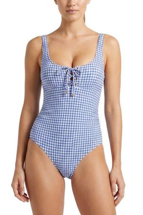 Change of Scenery Taylor Lace-Up Underwire One-Piece Swimsuit in Bluebell Gingham at Nordstrom, Size X-Small