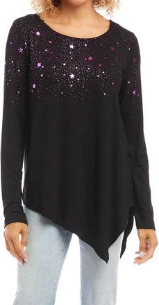 Karen Kane Belita Print Asymmetric Top In Black With Purple/magenta Stars