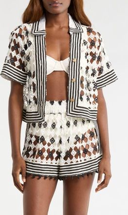 Ramy Brook Betty Crop Open Stitch Cover-Up Shirt in Black/Sandstone Crochet at Nordstrom, Size X-Small