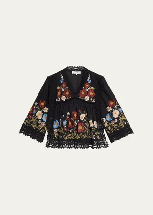 Sea New York Ruwa Embroidered V-Neck Long-Sleeve Top With Lace Trim