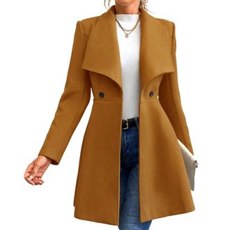 Generic Womens Pea Coat Double Breasted Line Mid-Long Trench Coat Spring Winter Trendy Dress Coat Slim Lapel Swing Outwear Camel Medium