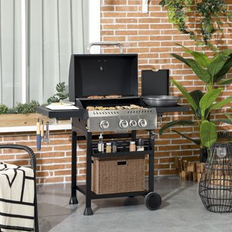OUTSUNNY Gas Burner Grill, Propane Gas Barbecue BBQ Grill with Wheels, Warming Rack, Shelves, Thermometer, Bottle Opener, Black | Size: Large