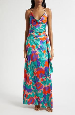 Ramy Brook Corrine Floral Halter Neck Satin Gown in Coral Floral at Nordstrom, Size 10