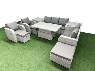 Fimous PE Rattan Garden Furniture Set Reclining Chair Sofa Double Love Seat 2 Seater Sofa Lounge Set Adjustable Lifting Dining or Coffee Table 3