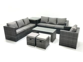 Fimous Rattan Garden Furniture Set Outdoor 9 Seater Patio Conversation Sets with Glass Top Coffee Table Stool Side Table in Dark Grey