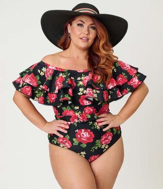 Unique Vintage Off Shoulder Nantucket Swimsuit in Black Cabbage Rose Print at Nordstrom, Size 1X