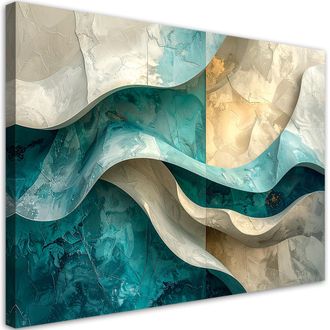 Feeby Cuadro Sobre Lienzo, Olas Abstractas L&iacute;neas Efecto 3d Turquesa Y Beige, 120x80