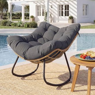 Costway Costway Outdoor Rocking Chair Oversized PE Wicker Patio Egg Chair W/ Cushion in Grey