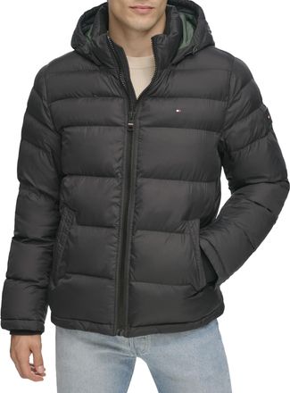 Tommy Hilfiger Mens Classic Hooded Puffer Jacket (Regular and Big & Tall Sizes) Down Alternative Outerwear Coat, Black, Small