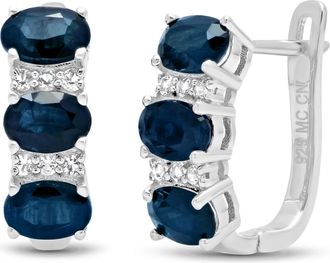 MAX + STONE 925 Sterling Silver Oval Genuine Gemstone and White Topaz J Hoop Earrings