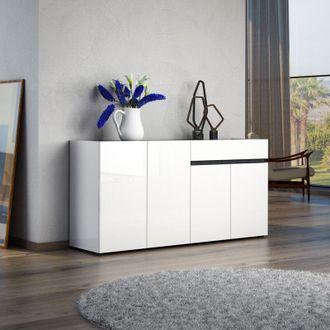 Dmora C&oacute;moda Beinette, Aparador Con 2 Estantes, 1 Caj&oacute;n Made In Italy, 4 Puertas, 160x42x80h Cm Blanco Brillante