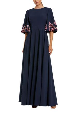 Mac Duggal Stretch Satin Elbow Sleeve Gown With Flower Trim in Midnight at Nordstrom, Size 16
