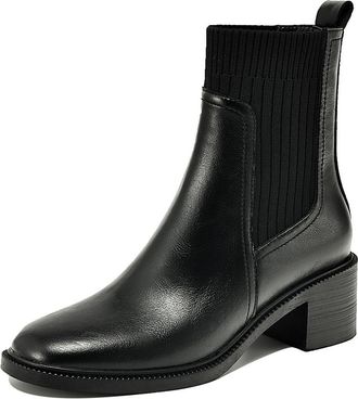 TinaCus Womens Handmade Genuine Leather & Knitted Fabric Block Heel Round Toe Boots, Black, 5 UK