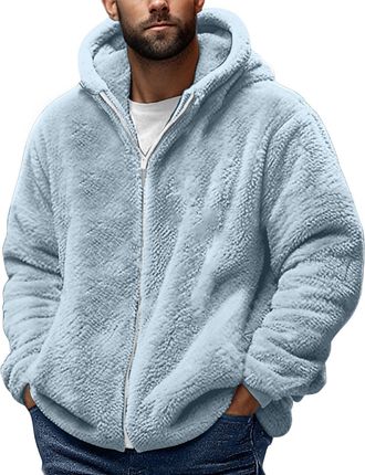 Generic Men Fleece Jackets Zip Sweatshirts Solid Sherpa Teddy Coat Winter Warm Fuzzy Hoodie Long Sleeve Fluffy Jumper Outwear Soft Comfy Hoodies Lightweight B