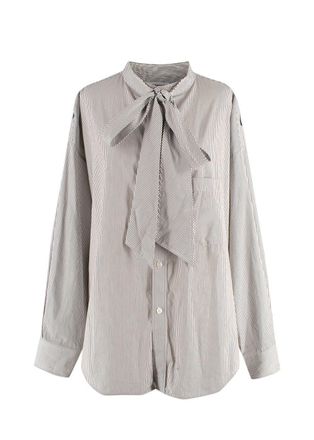 Balenciaga White and Navy Striped Logo Oversized Shirt with Tie Detail Size S