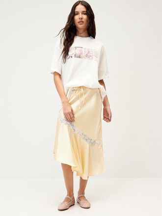 Damson Madder Womens Asymmetrical satin-lace midi skirt