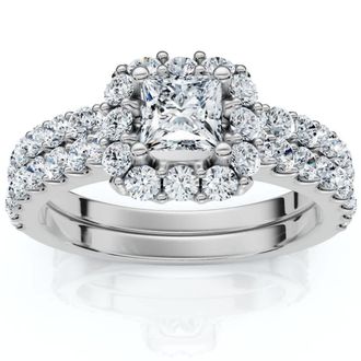 Pompeii3 1.50Ct Princess Cut Halo Diamond Engagement Wedding Ring Set 14k Gold Lab Grown