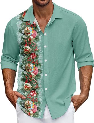 Generic Mens Christmas Shirt Xmas Holiday Party Dress Shirts Long Sleeve Snow Print Christmas Tree Shirt Casual Button Down Tshirt Funny Xmas Hawaiian Shirt f